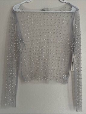 Haute Monde Sheer Embellished Long-Sleeve Top in Light Gray with Pearls